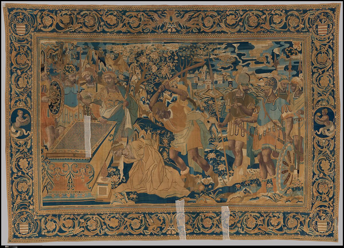 The Sacrifice of Polyxena from a set of The Story of Troy, Cotton, embroidered with silk and gilt-paper-wrapped thread, pigment, Chinese, Macao, for export market 