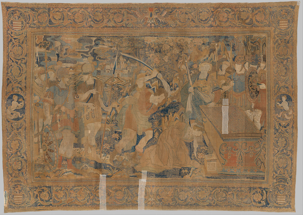 The Sacrifice of Polyxena from a set of The Story of Troy, Related to a woodcut by Bernard Salomon (French, ca. 1508–ca. 1561), Cotton, embroidered with silk and gilt-paper-wrapped thread, pigment, Chinese, Macao