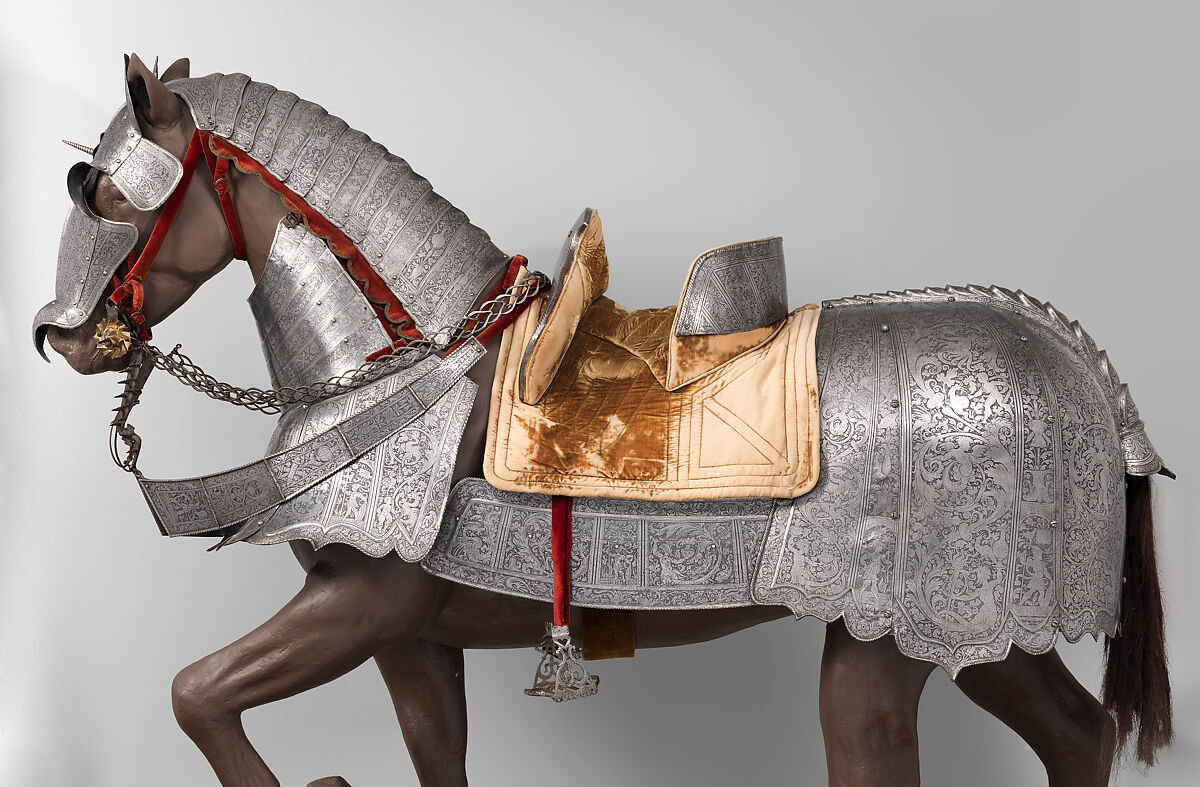 Horse Armor Probably Made for Count  Antonio IV Collalto (1548–1620), Steel, leather, copper alloy, textile, Italian, probably Brescia 