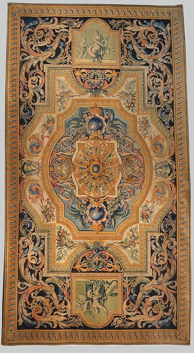 Grande Galerie carpet no. 11 (Music), Savonnerie Manufactory (Manufactory, established 1626; Manufacture Royale, established 1663), Wool, knotted and cut pile (symmetrical knot, 90 knots per square inch), French, Paris