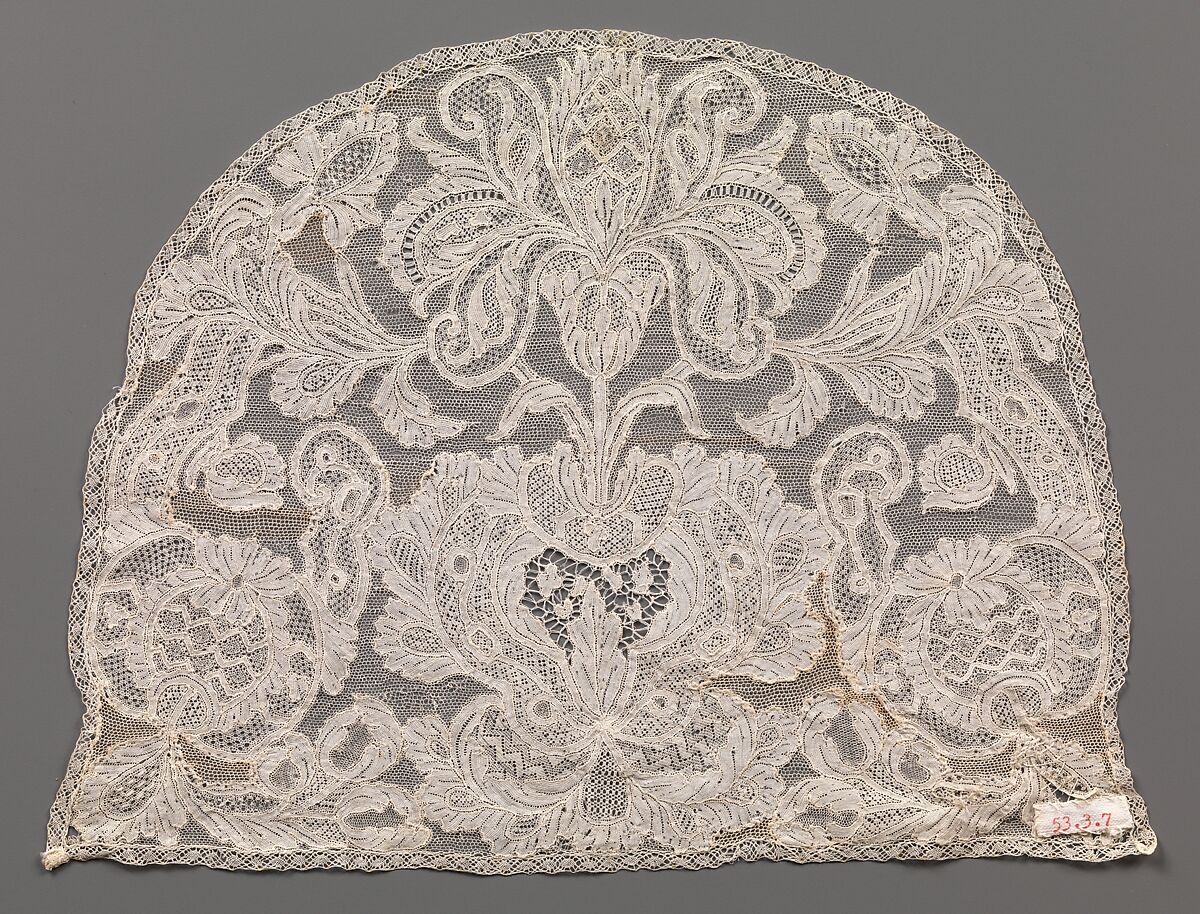 Cap crown, Linen, needle lace, Italian, Venice or Flemish, Brussels