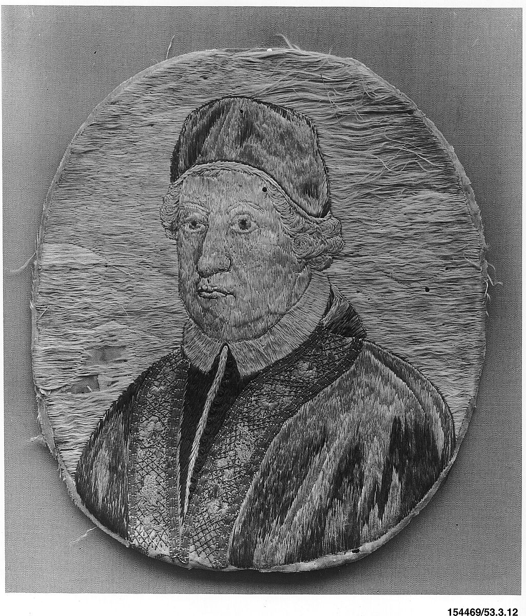 Medallion, Silk and metal thread on linen, Italian 