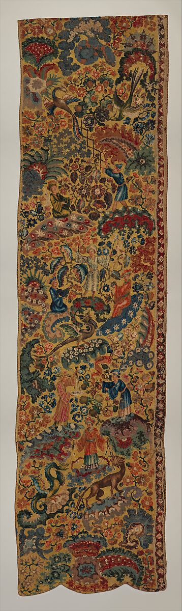 Pair of side curtains for a bed, Linen, embroidered with wool and silk, probably French