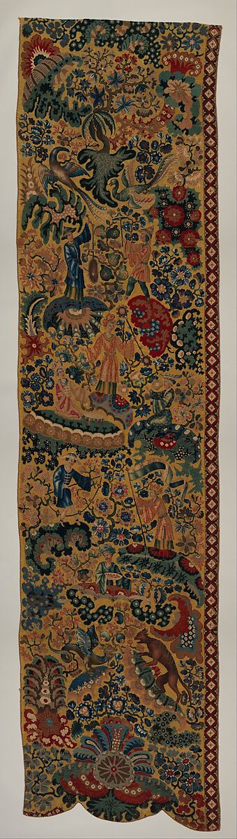 Pair of side curtains for a bed, Linen, embroidered with wool and silk, probably French