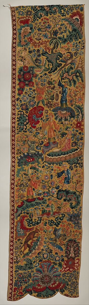 Pair of side curtains for a bed, Linen, embroidered with wool and silk, probably French