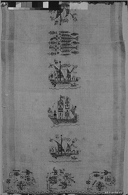 Towel, Silk and metal thread on linen, Greek Islands, Skyros