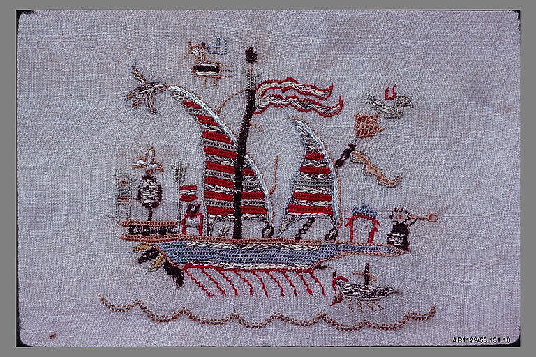 Towel, Silk and metal thread on linen, Greek Islands, Skyros