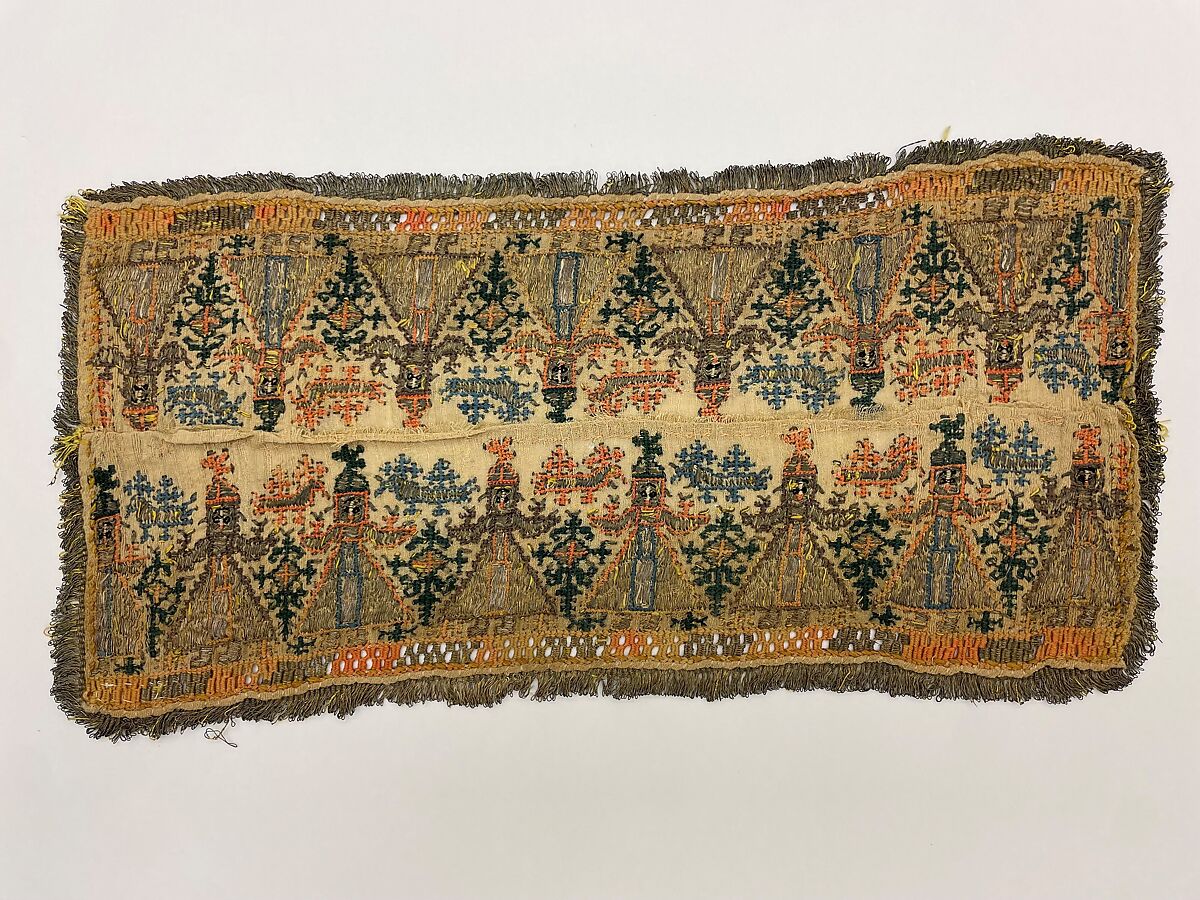 Scarf ends, Silk and metal thread on linen, Greek Islands, Dodecanese, Astypalaia