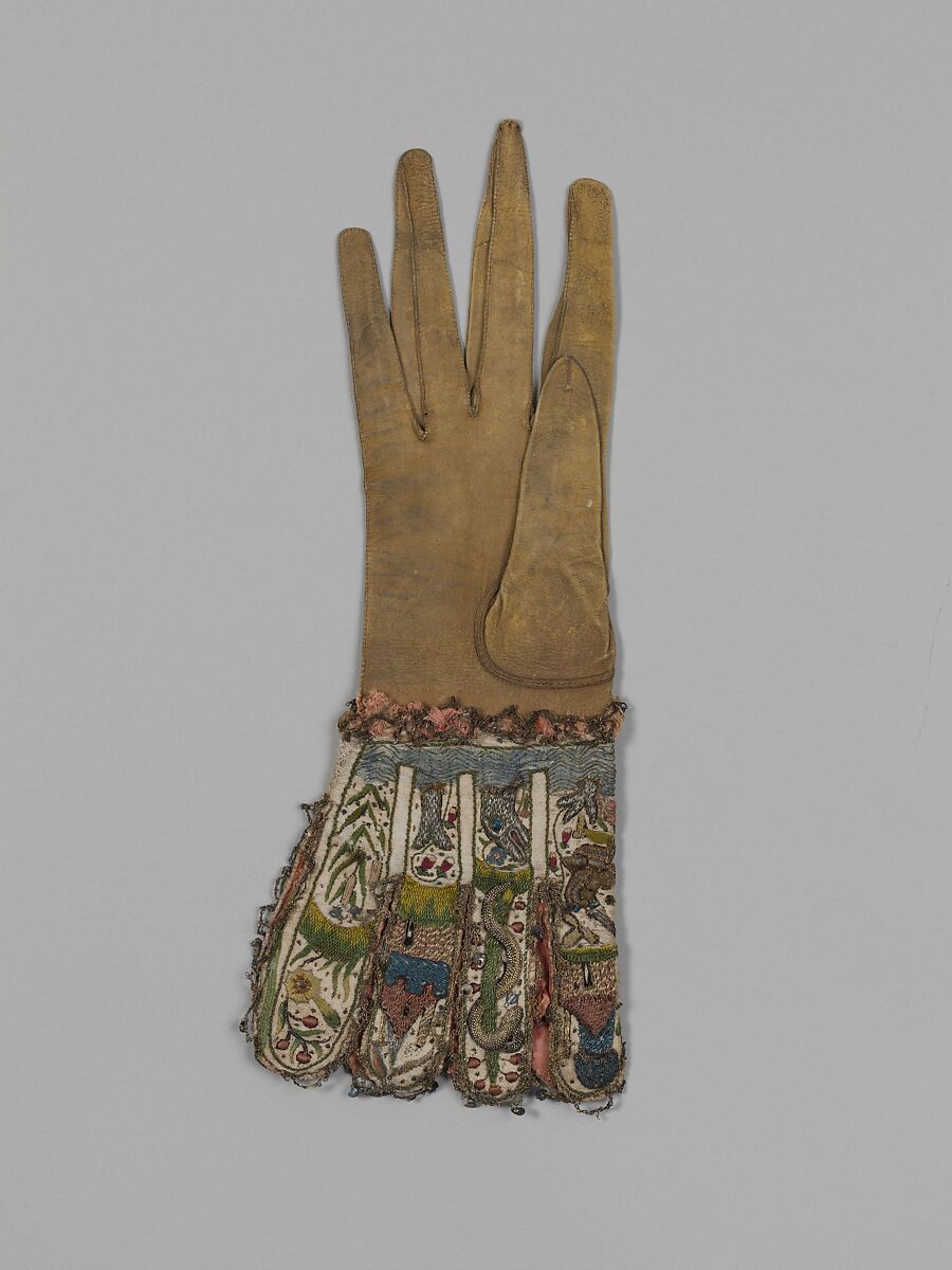 Glove, Leather, silk and metal thread on cloth, sequins and lace, British 