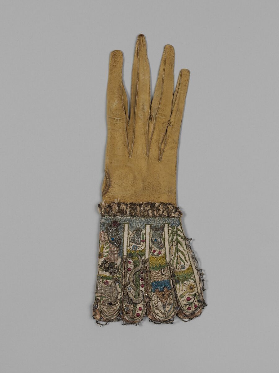 Glove, Leather, silk and metal thread on cloth, sequins and lace, British