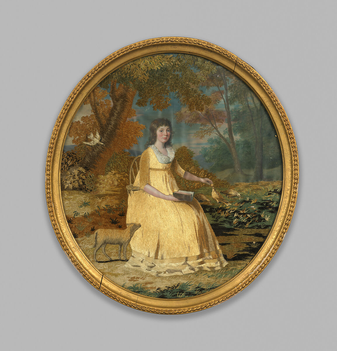 Embroidered picture, Silk, chenille, paint on linen (?), British 