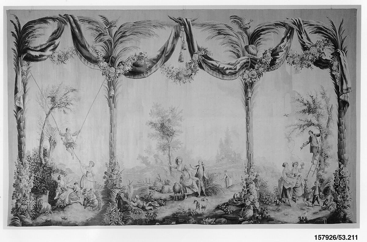 The Swing, The Harvest, and Cherry Picking from a set of the Pastorals with Blue Draperies, Jean-Baptiste Huet I (French, Paris 1745–1811 Paris), Wool, silk (21 warps per inch, 8 per cm.), French, Beauvais 