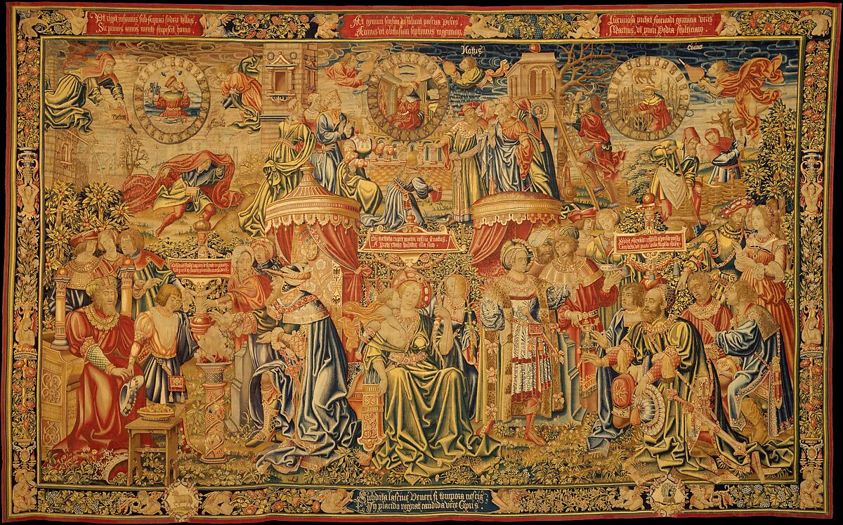 The Twelve Ages of a Man: The First Three Ages (Birth-18), or Spring, Probably after a design by the Workshop of Bernard van Orley (Netherlandish, Brussels ca. 1492–1541/42 Brussels), Wool, silk (16-20 warps per inch, 6-8 per cm.), Netherlandish, Brussels 