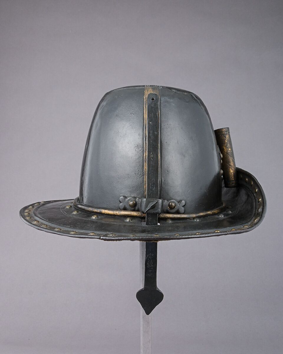 Helmet in the Shape of a Cavalier's Hat, Steel, gold, textile, probably British
