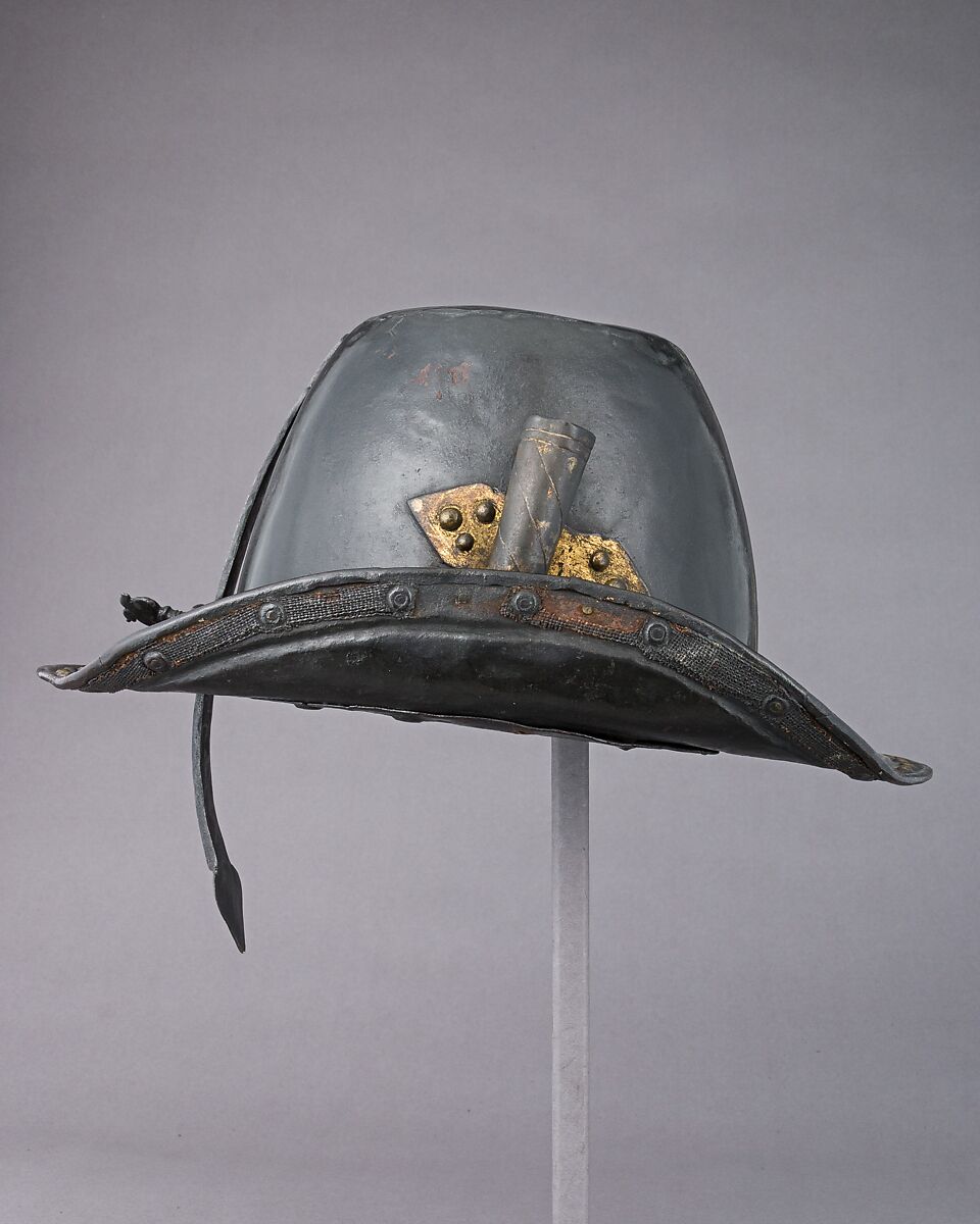 Helmet in the Shape of a Cavalier's Hat, Steel, gold, textile, probably British