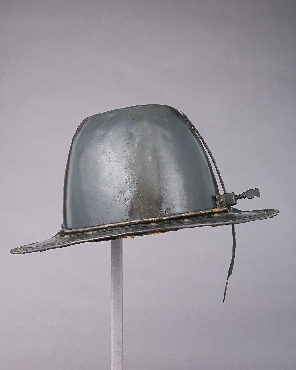 Helmet in the Shape of a Cavalier's Hat, Steel, gold, textile, probably British