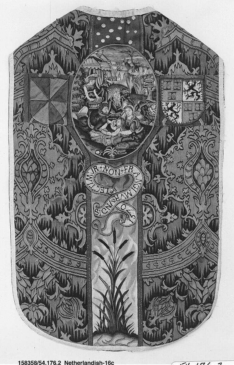 Chasuble with the Gathering of the Manna, After a print by Hieronymus (Jerome) Wierix (Netherlandish, ca. 1553–1619 Antwerp), Wool, silk, linen (16-18 warps per inch, 6-7 per cm.), Netherlandish, probably Gouda