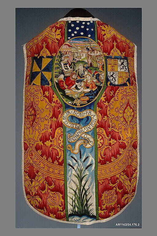 Chasuble with the Gathering of the Manna, After a print by Hieronymus (Jerome) Wierix (Netherlandish, ca. 1553–1619 Antwerp), Wool, silk, linen (16-18 warps per inch, 6-7 per cm.), Netherlandish, probably Gouda