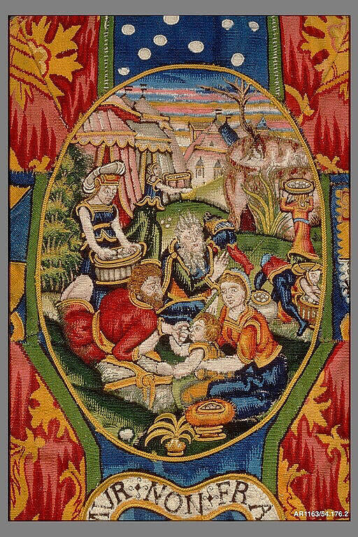 Chasuble with the Gathering of the Manna, After a print by Hieronymus (Jerome) Wierix (Netherlandish, ca. 1553–1619 Antwerp), Wool, silk, linen (16-18 warps per inch, 6-7 per cm.), Netherlandish, probably Gouda