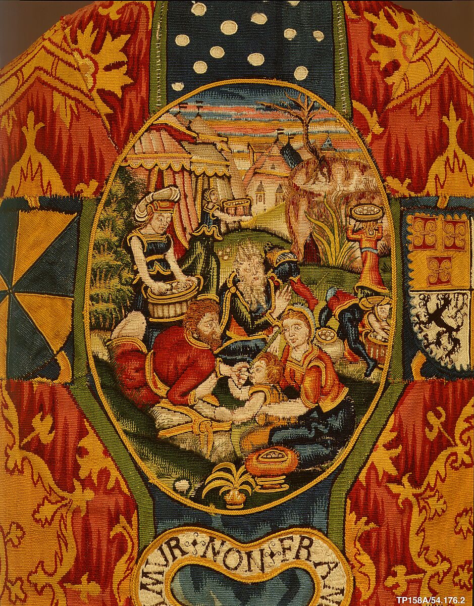 Chasuble with the Gathering of the Manna, After a print by Hieronymus (Jerome) Wierix (Netherlandish, ca. 1553–1619 Antwerp), Wool, silk, linen (16-18 warps per inch, 6-7 per cm.), Netherlandish, probably Gouda