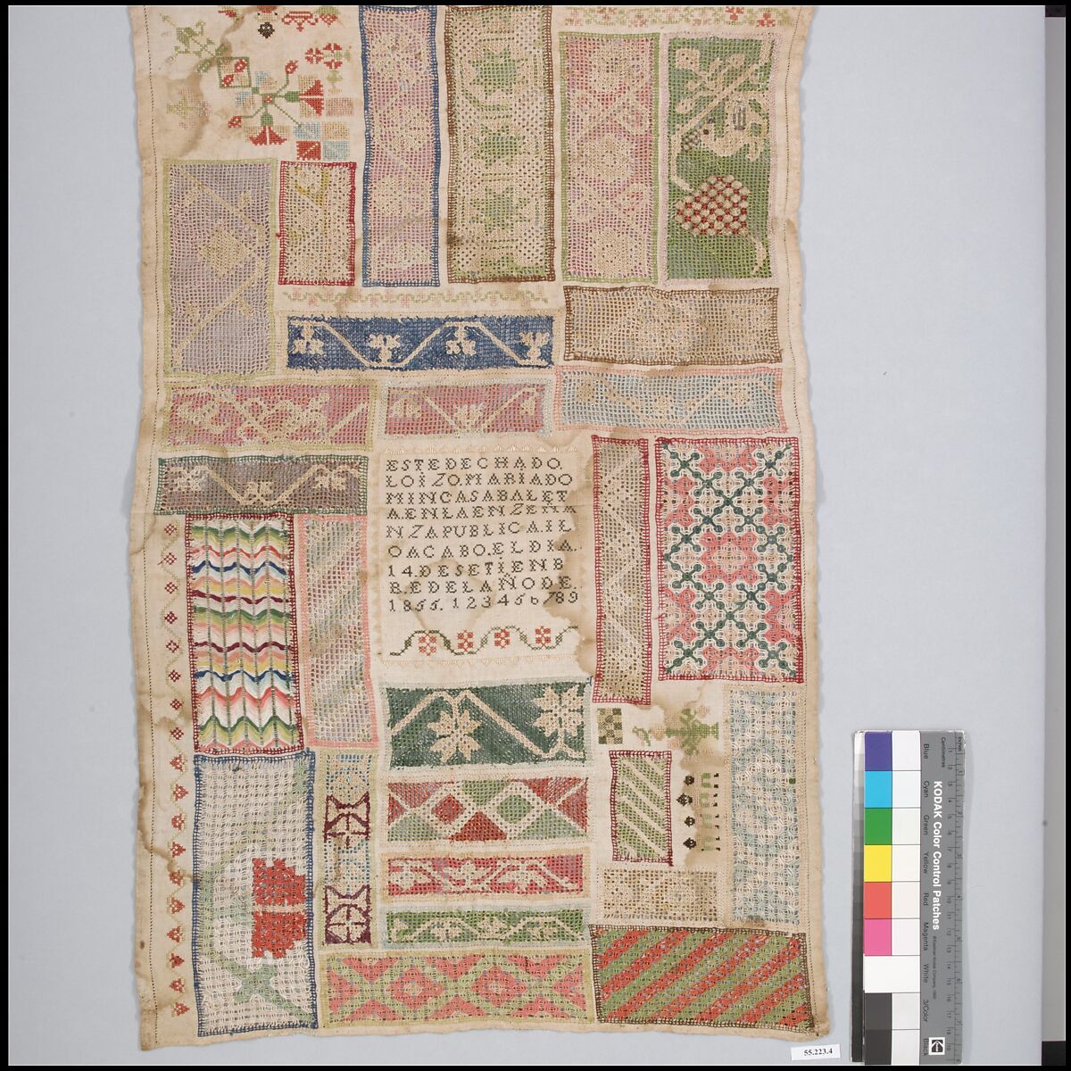 Sampler, Linen, silk, metal thread, sequins, Mexican