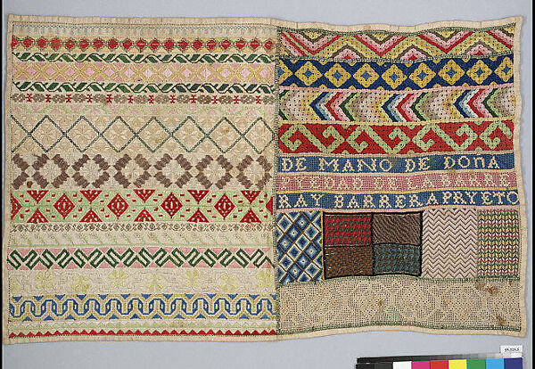 Sampler, Linen, silk, metal thread, sequins, Mexican 