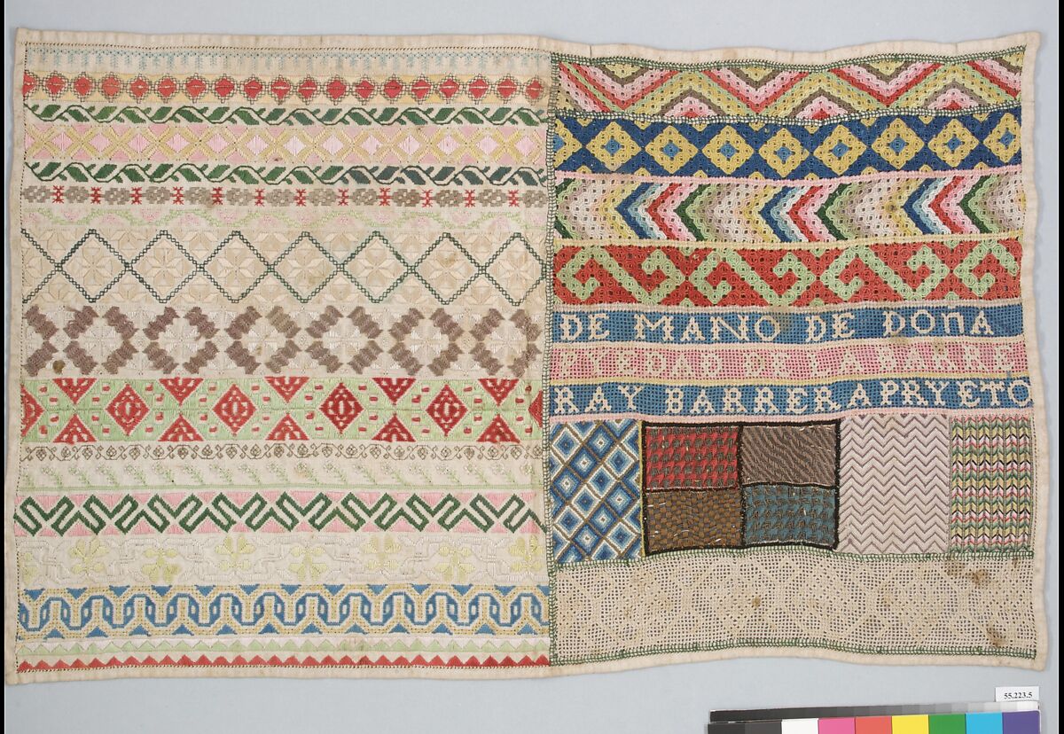 Sampler, Linen, silk, metal thread, sequins, Mexican