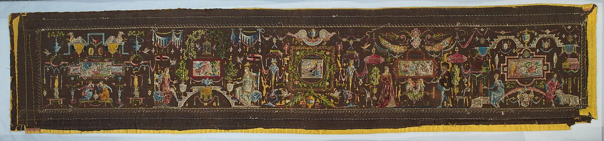 Embroidered panel with Grotesque decoration, Narrative scenes adapted from woodcuts by Bernard Salomon (French, ca. 1508–ca. 1561), Silk thread on silk, French