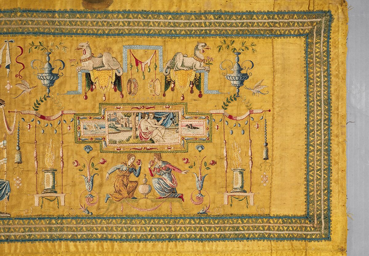 Embroidered panel with Grotesque decoration, Narrative scenes adapted from woodcuts by Bernard Salomon (French, ca. 1508–ca. 1561), Silk thread on silk, French