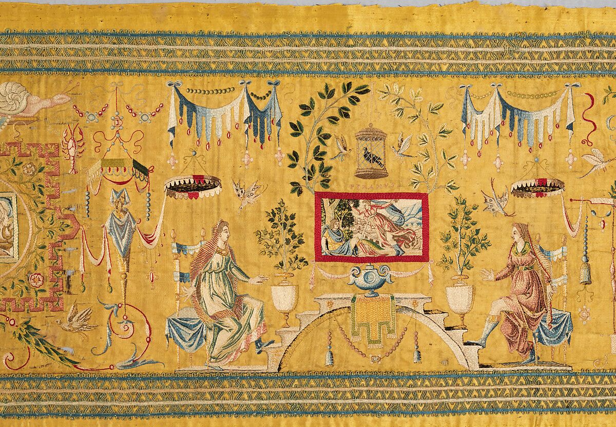 Embroidered panel with Grotesque decoration, Narrative scenes adapted from woodcuts by Bernard Salomon (French, ca. 1508–ca. 1561), Silk thread on silk, French