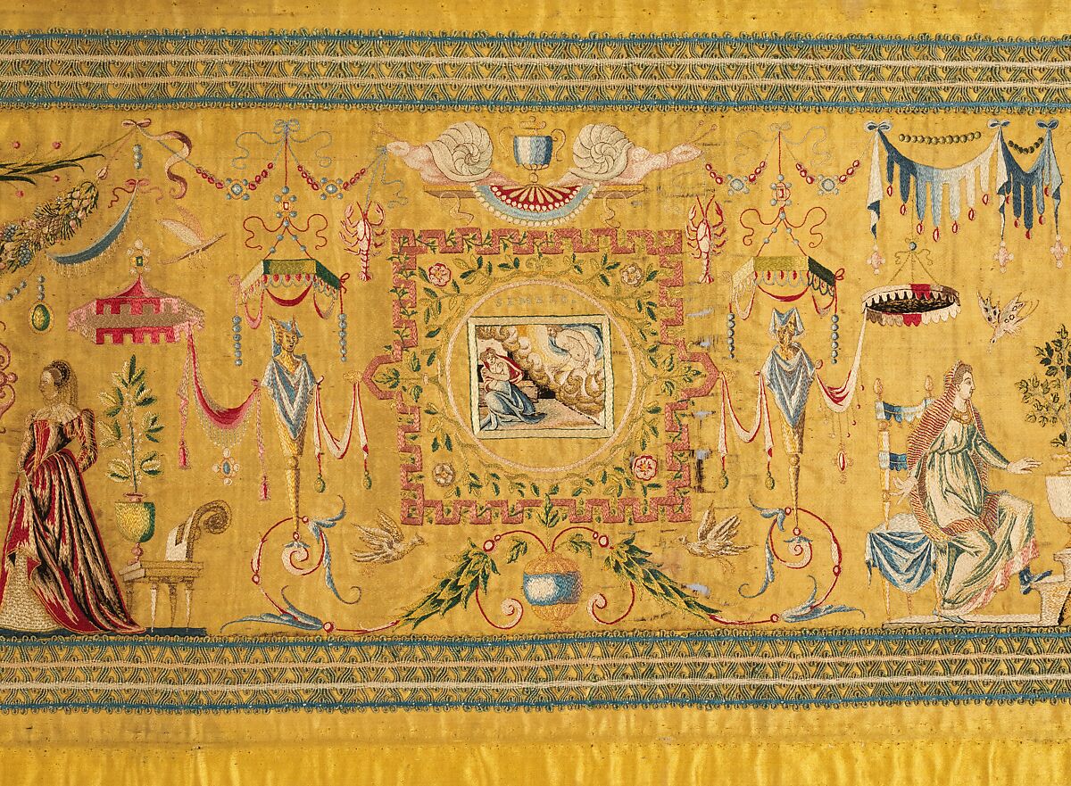 Embroidered panel with Grotesque decoration, Narrative scenes adapted from woodcuts by Bernard Salomon (French, ca. 1508–ca. 1561), Silk thread on silk, French