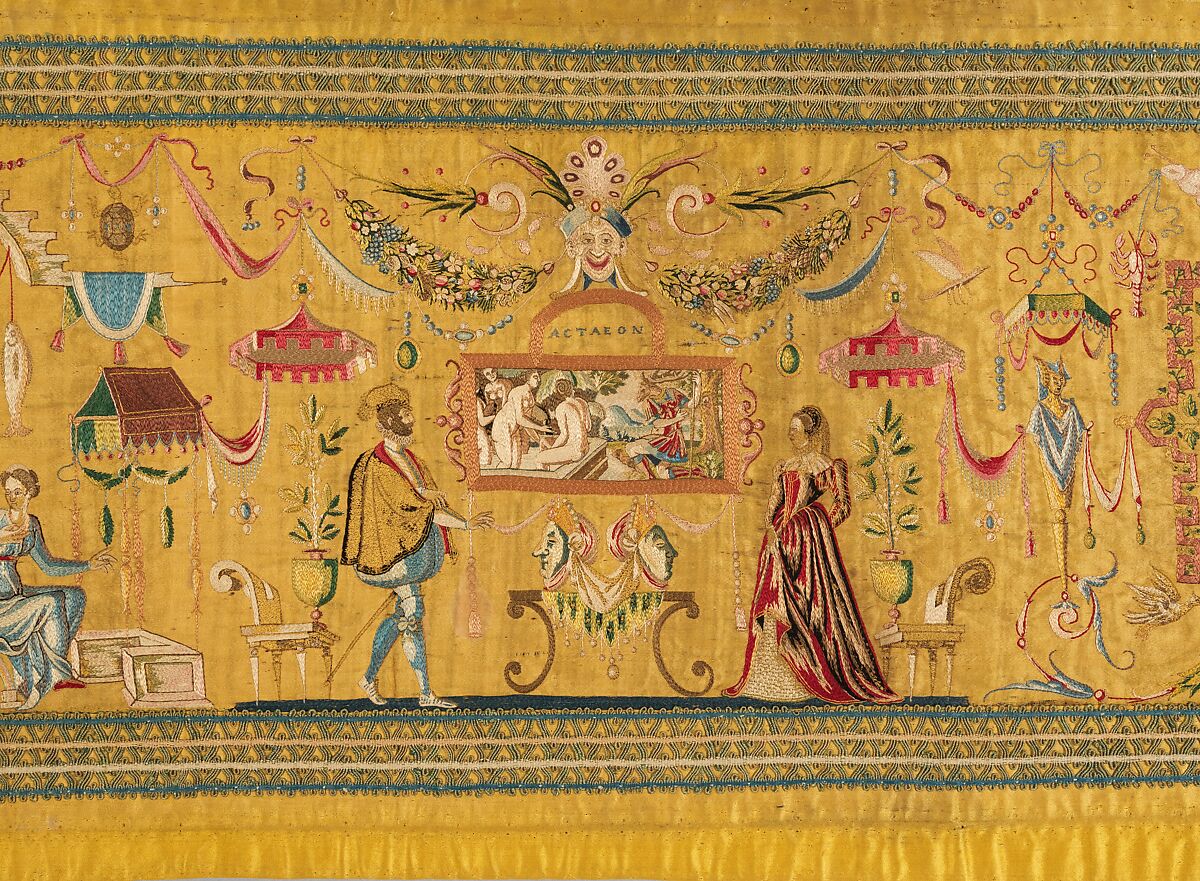 Embroidered panel with Grotesque decoration, Narrative scenes adapted from woodcuts by Bernard Salomon (French, ca. 1508–ca. 1561), Silk thread on silk, French