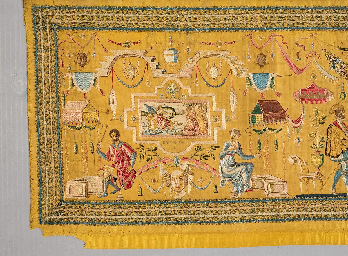Embroidered panel with Grotesque decoration, Narrative scenes adapted from woodcuts by Bernard Salomon (French, ca. 1508–ca. 1561), Silk thread on silk, French
