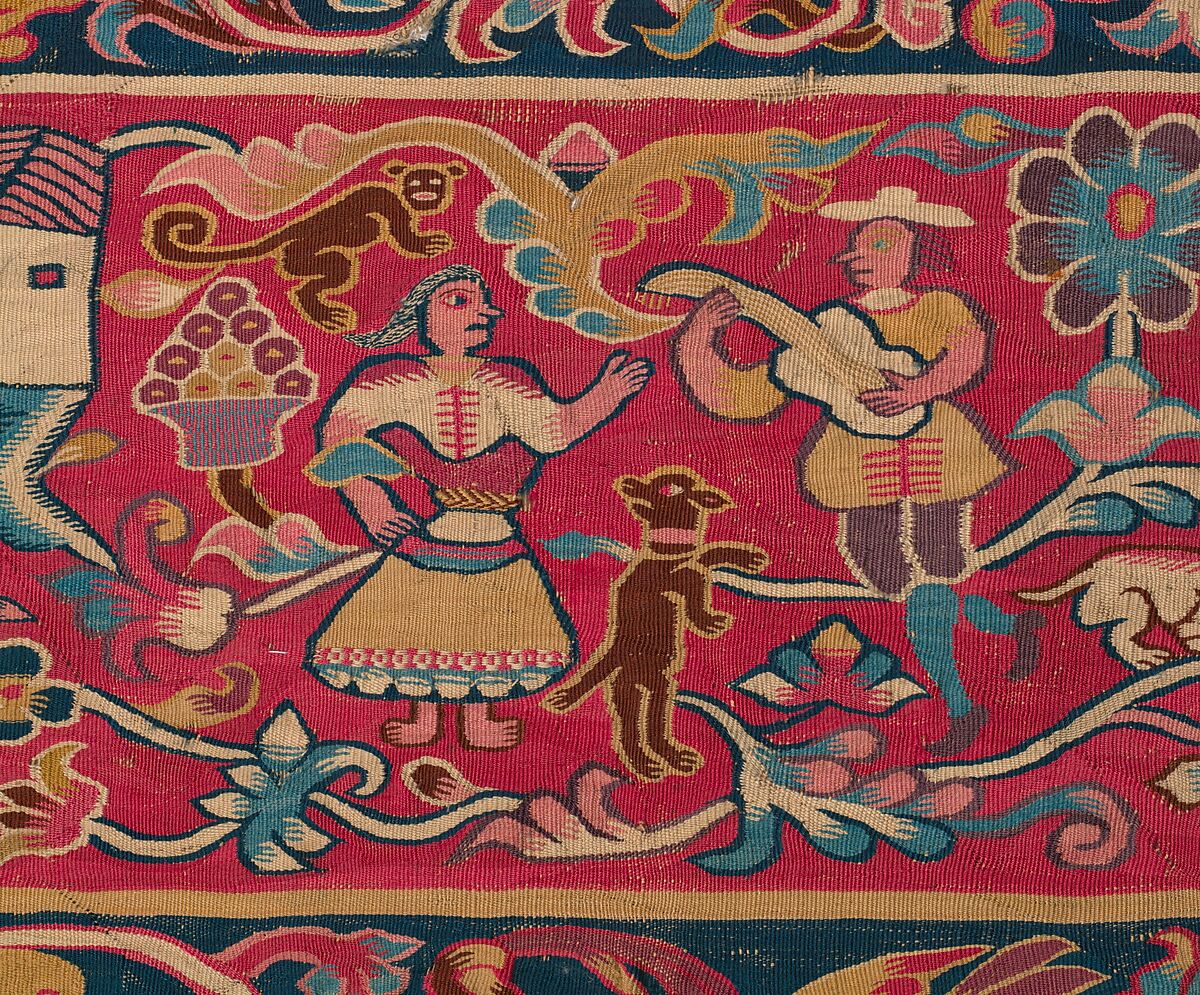 Tapestry with figurative scenes, Tapestry weave, cotton warp and camelid weft; ca. 27 ribs to one inch, Peruvian