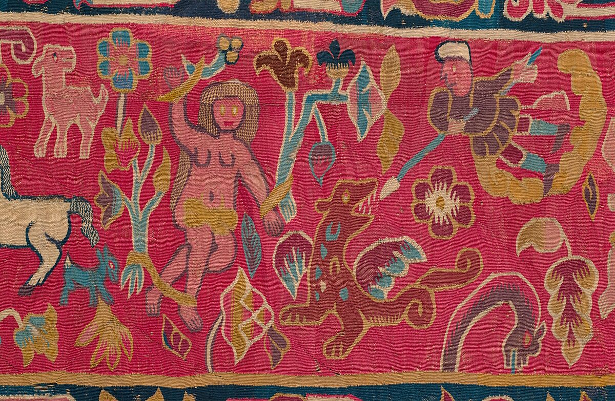 Tapestry with figurative scenes, Tapestry weave, cotton warp and camelid weft; ca. 27 ribs to one inch, Peruvian