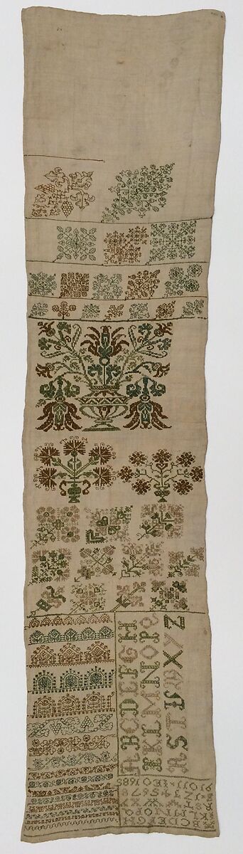 Embroidered sampler, Silk on linen, German or Dutch 