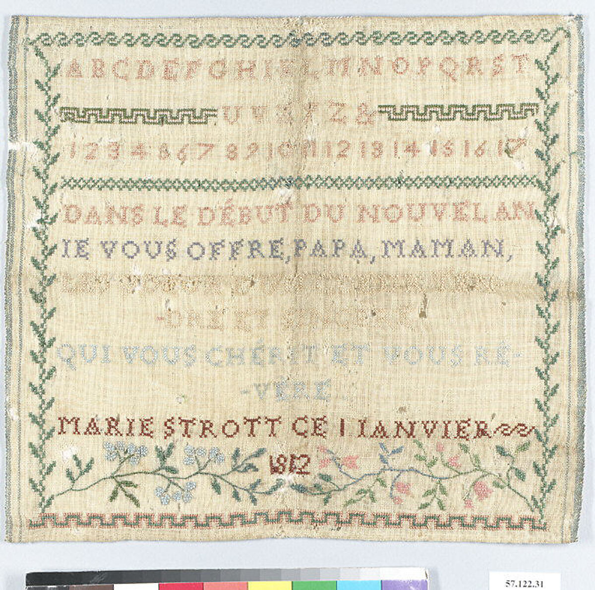 Sampler, Silk on wool, French 