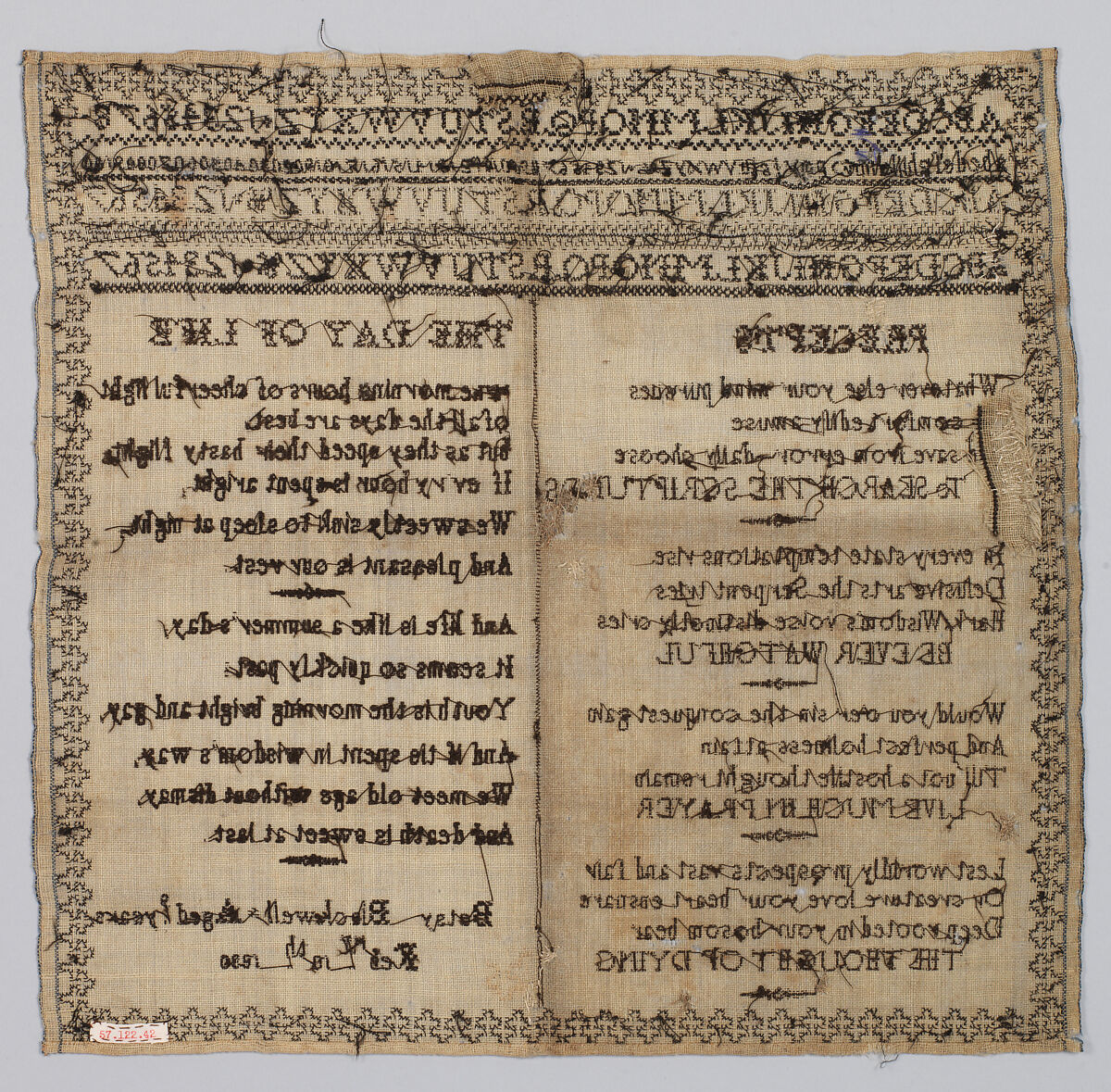Sampler, Silk on wool canvas, British