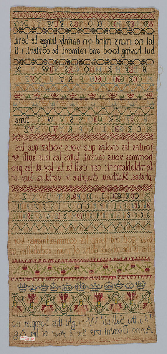 Sampler, Silk on linen, British