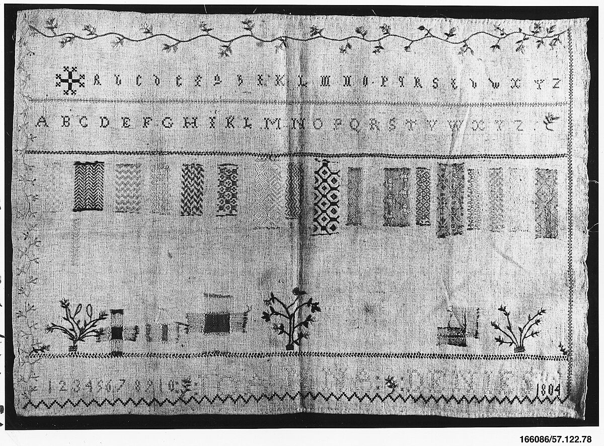 Embroidered darning sampler, Silk on cotton, possibly Belgian 