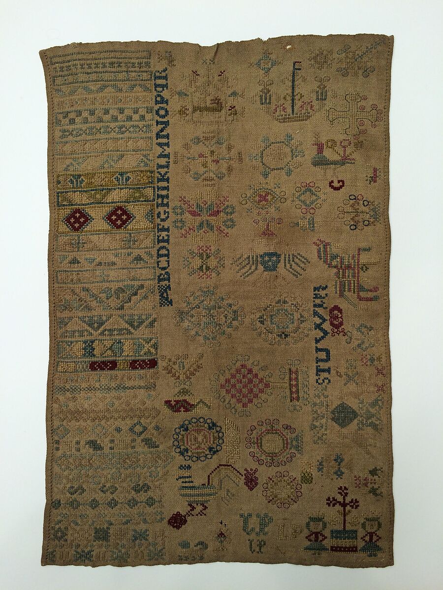 Embroidered sampler, Linen and silk on linen, Dutch, Marken Island 