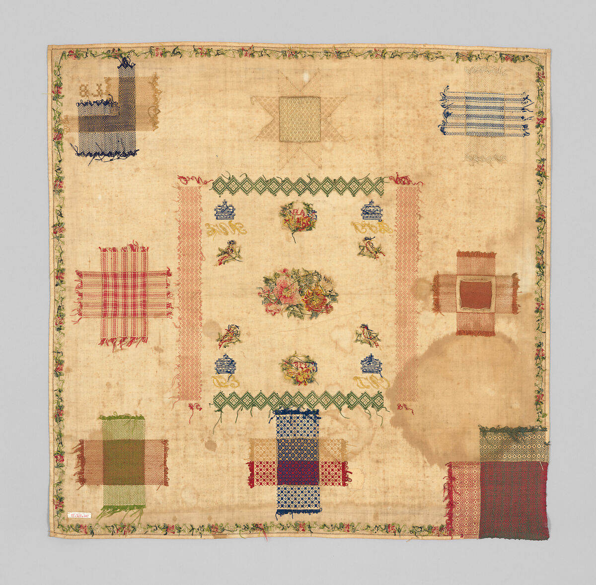 Embroidered darning sampler, Made at the Werk- en Leerschool, Amsterdam, Silk on cotton, Dutch