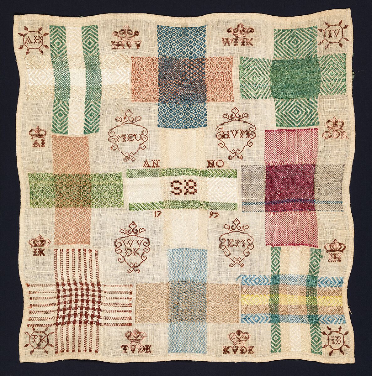 Darning sampler, Silk embroidery on cotton, Dutch 
