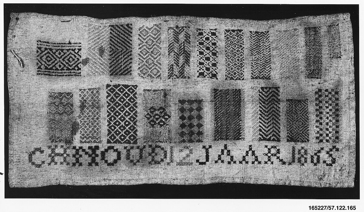 Embroidered darning sampler, Silk on cotton, Dutch 