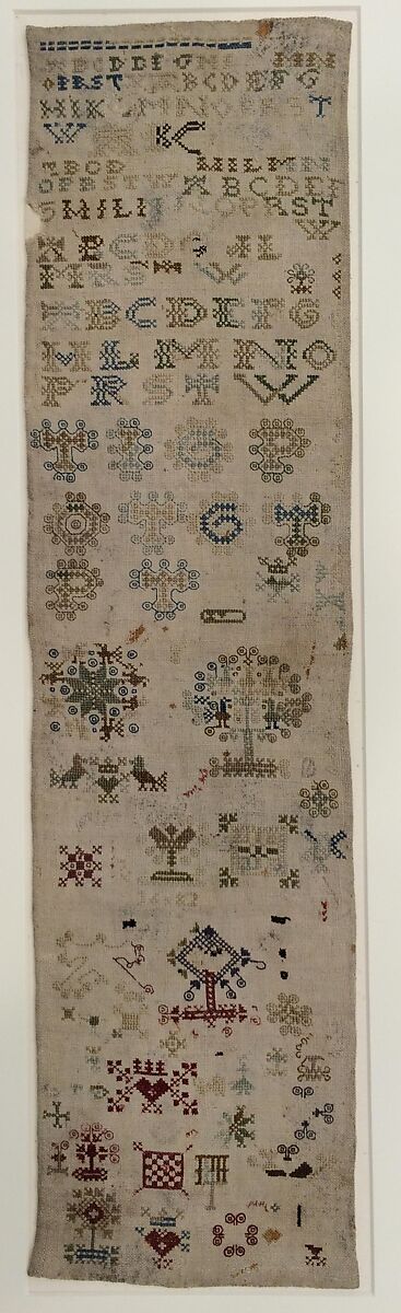 Embroidered sampler, Silk on linen, Dutch, Friesland 