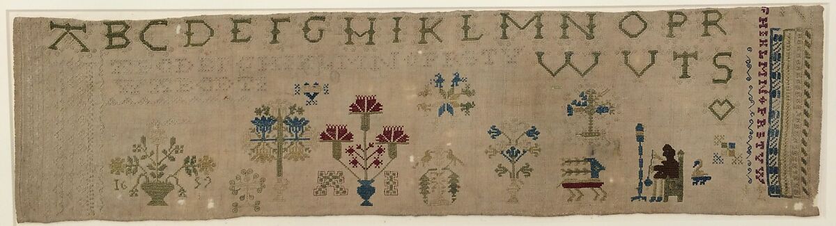 Embroidered sampler, Linen and silk on linen, Dutch 