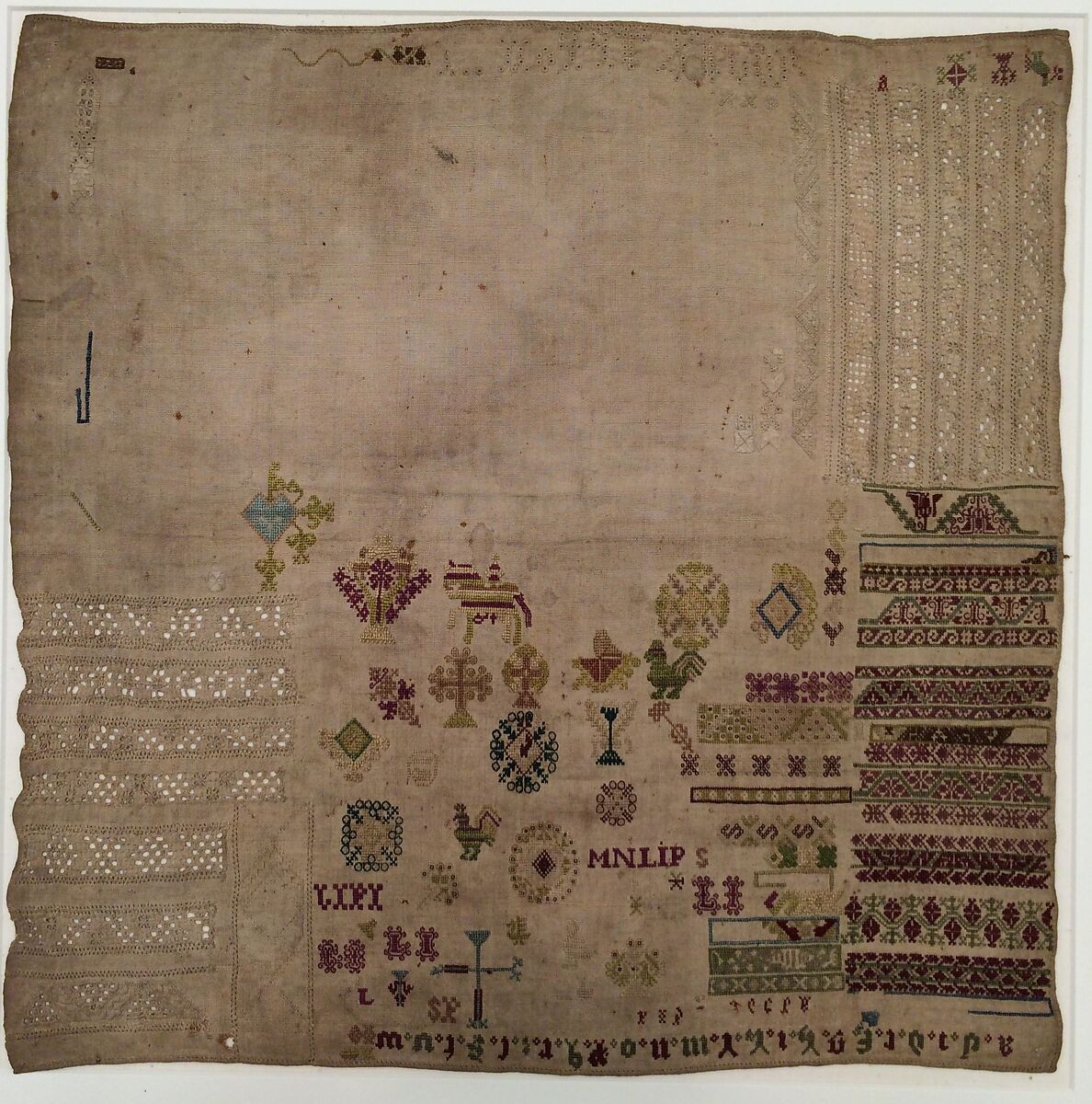 Embroidered sampler, Linen and silk on linen, Dutch, Marken Island 