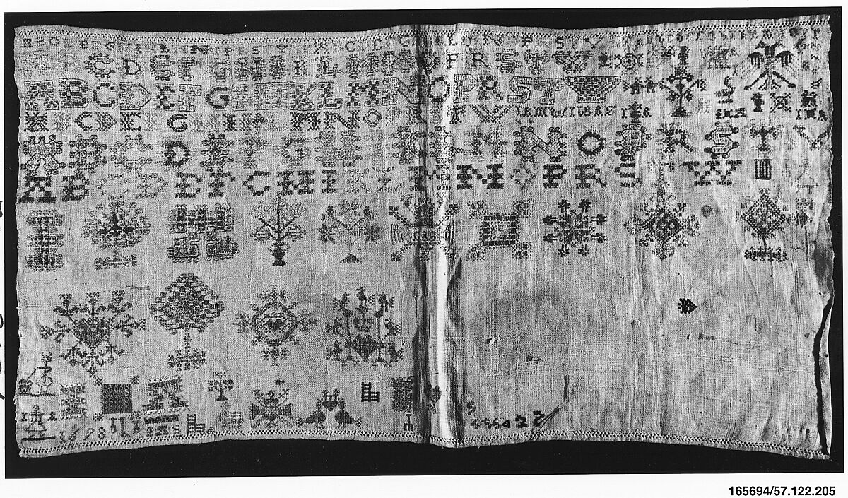 Embroidered sampler, Silk on linen, Dutch, Friesland 