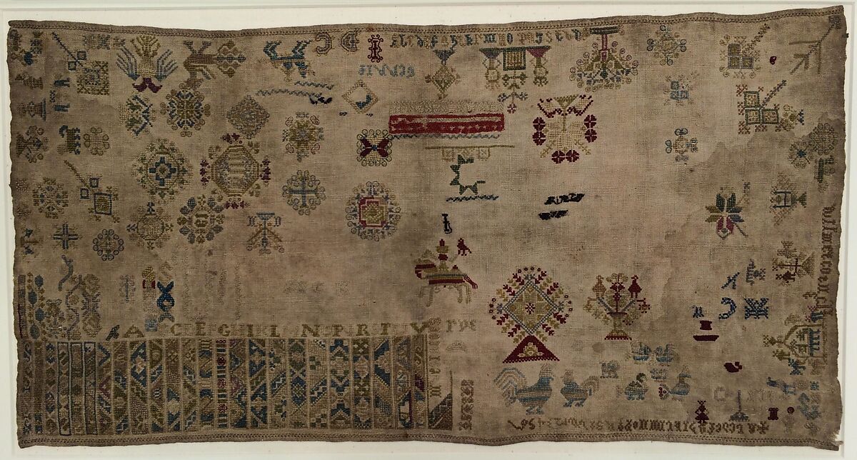 Embroidered sampler, Silk and wool on linen, Dutch, Marken Island 