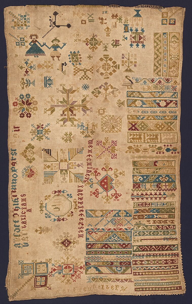 Sampler with geometric patterns, lettering, and various motifs, Silk embroidery on linen, Dutch 